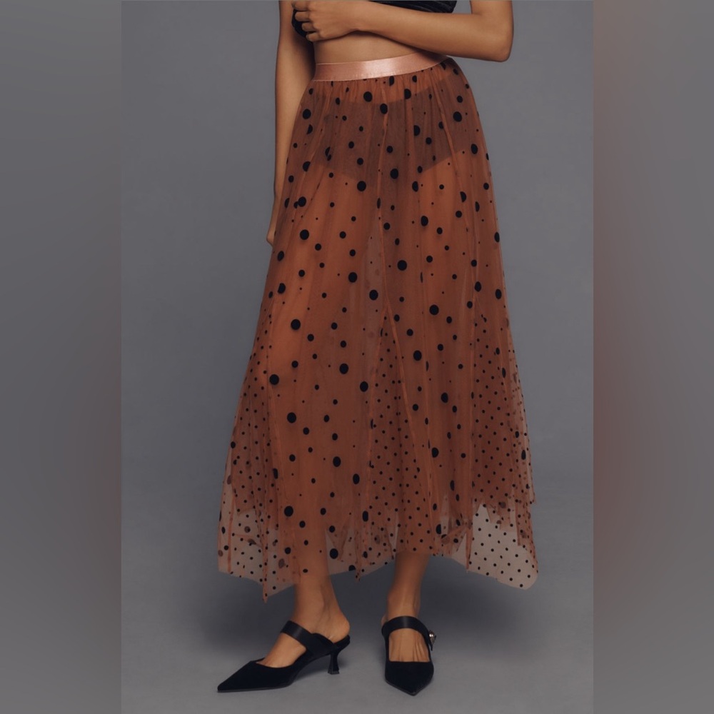 Anthropologie Brown Polka Dot Tulle Maxi Skirt